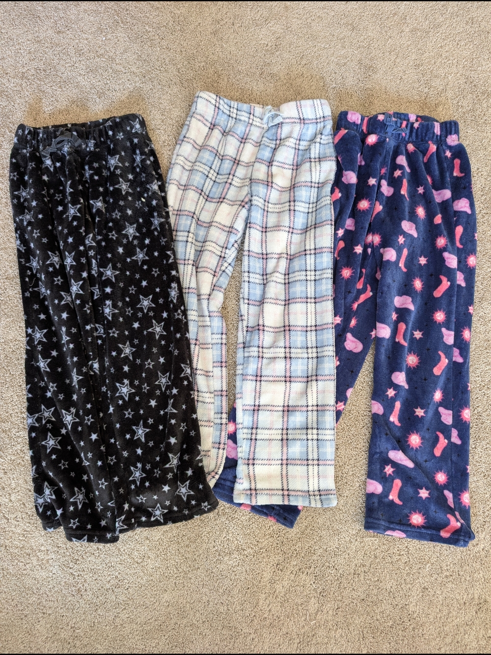Kids Plush Pajama Pants - Black Star, White Plaid, Navy Pink Print